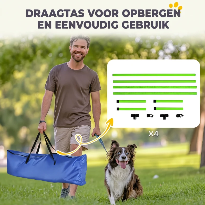 PawHut Agility-set voor honden 4-delig in hoogte verstelbare agility-uitrusting met 4 hindernissen draagtas 99 x 65 x 94 cm Groen