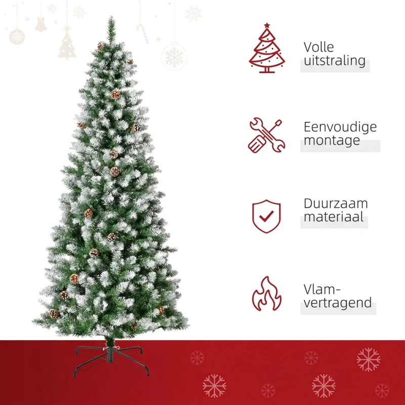 HOMCOM Kunstkerstboom, 630 Takken, 37 Dennenappels, Besneeuwde Punten, Brandvertragend, 180 cm