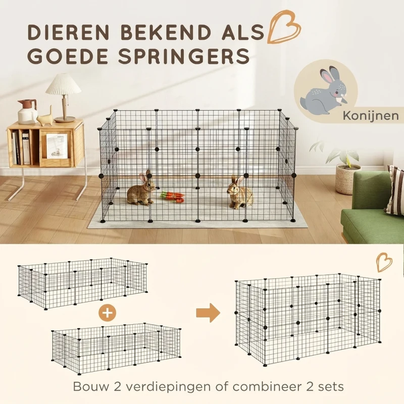 PawHut Ren, box, kooi voor kleine dieren, metalen rooster flexibel omvormbaar