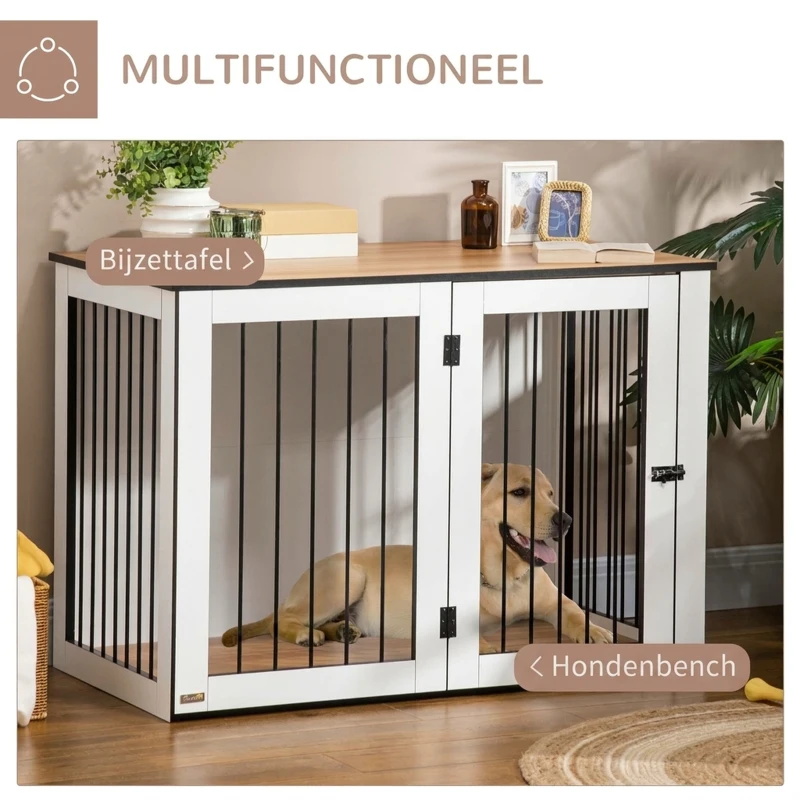 Pawhut hondenkooi huisdierkooi voor grote honden hondenhok tafeloppervlak wit(m-4)