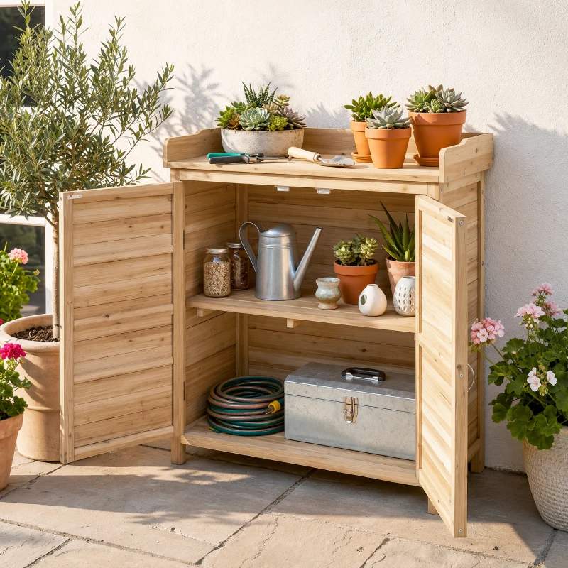 Outsunny Dulap Exterior cu 2 Rafturi din Lemn de Brad, Design Înălțat și 2 Uși, 83x40x92 cm
