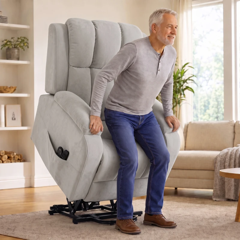 HOMCOM Sillón Elevador Eléctrico Gravedad Cero, Calefacción y Masaje de 8 Puntos, 2 Motores, Terciopelo, Gris Claro