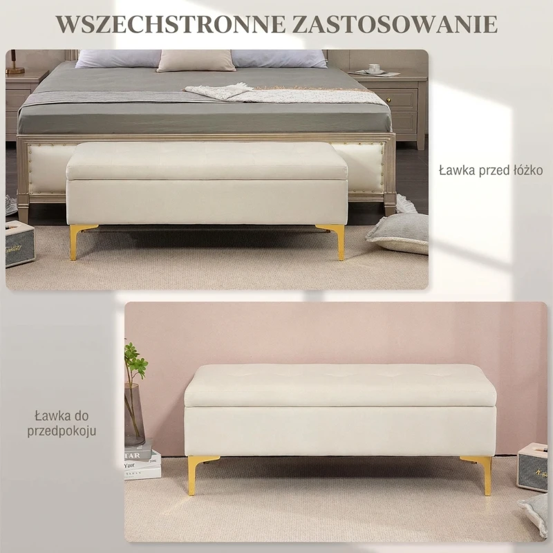 HOMCOM Ławka z przestrzenią do przechowywania, obita aksamitem, z metalowymi nogami, do salonu, sypialni, przedpokoju, 120 x 44 x 44,5 cm, Kolor beżowy