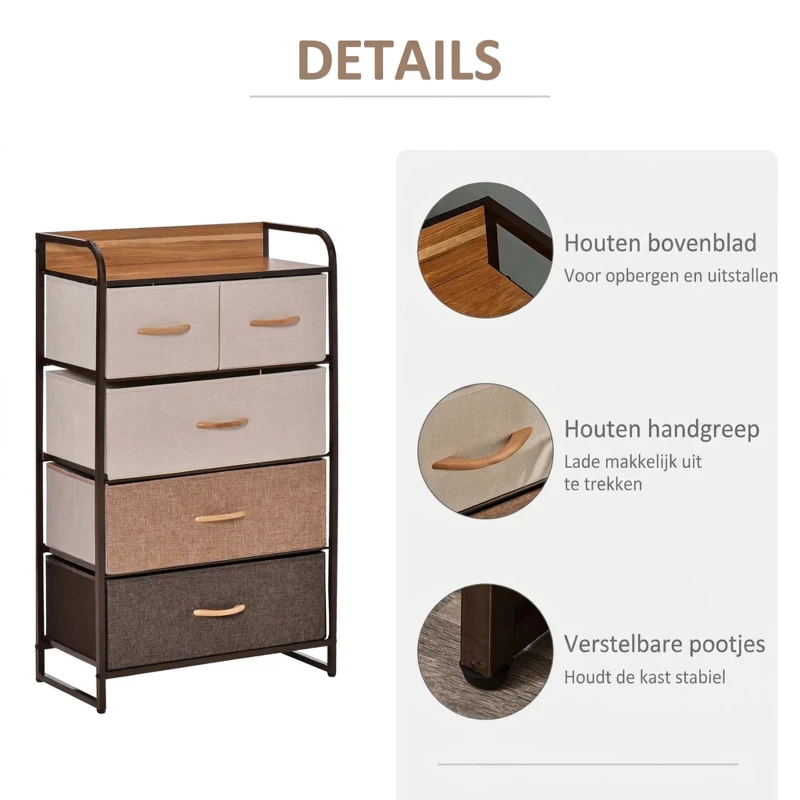 HOMCOM Ladekast met 5 Opvouwbare Stoffen Lades, Opbergrek, Stevig Stalen Frame, 58 x 29 x 99 cm