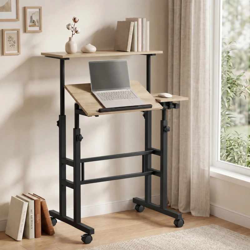 HOMCOM Bureau assis debout bureau réglable en hauteur 70 x 60 cm à roulettes avec plateau inclinable cadre en métal marron