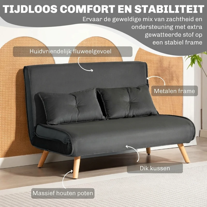 HOMCOM 2-zits slaapbank, bedbank, om te bouwen bank met verstelbare rugleuning, stofbekleding, metalen frame, Grijs