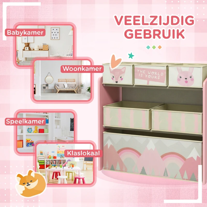 ZONEKIZ kinderopbergkast met 6 stofboxen, schattig design, 63 x 30 x 66 cm, roze