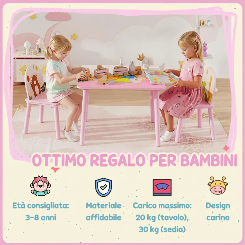 AIYAPLAY Set Tavolo e Sedie per Bambini 3-8 Anni con Motivi Animali e Bordi Arrotondati, in MDF e Legno di Pino Rosa