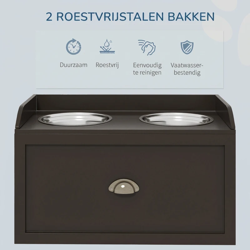 PawHut Verhoogde voerbakstation met 2 voerbakken, 2 roestvrijstalen kommen, 1 opbergruimte, 60 x 30 x 36 cm, Bruin(m-6)