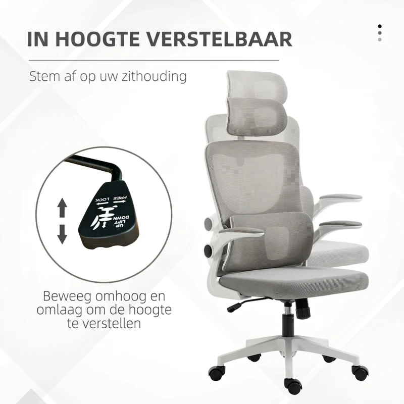 Vinsetto Bureaustoel, in hoogte verstelbaar, kantelbare rugleuning, verstelbare hoofdsteun, tot 120 kg, 60x59x114-122 cm, Grijs(m-4)