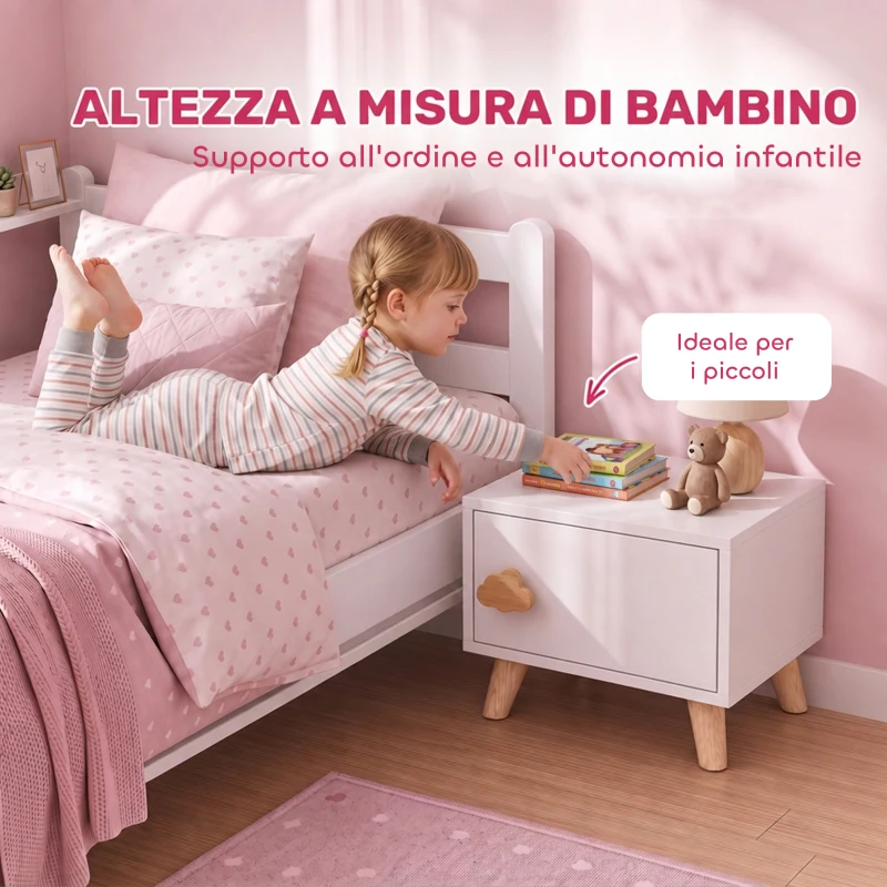 AIYAPLAY Comodino per Bambini 3-8 Anni con Vano Contenitore, Gambe in Pino, Maniglia a Nuvola, 34x31x25 cm, Bianco