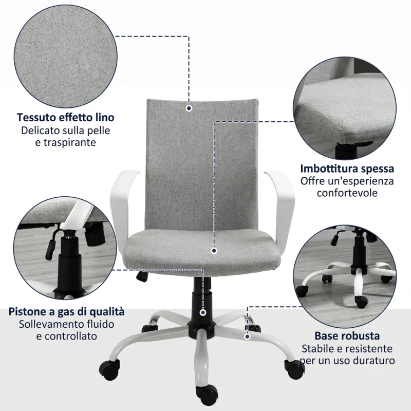 Vinsetto Sedia da Ufficio Ergonomica a Dondolo, Sedia da Studio Girevole, Poltrona Scrivania con Altezza Regolabile in Tessuto, 61x61x89-99 cm, Grigio Chiaro