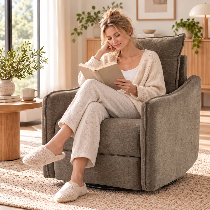 HOMCOM Poltrona Relax Elétrica Reclinável 155° com Apoia-pés, Giratória 270°, Assento Amplo, Balanço, Chenille, Caqui