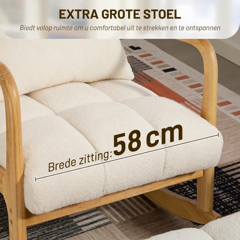 HOMCOM Schommelstoel met Voetensteun, Fleece-Bekleding, Hoge Rugleuning, Houten Poten, Voetpads, Wit(m-7)