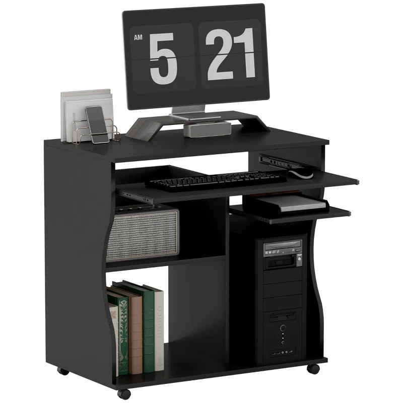 HOMCOM Computertafel op Wielen, Bureau met Opbergruimte, 80 x 48 x 75 cm, Zwart(m-11)