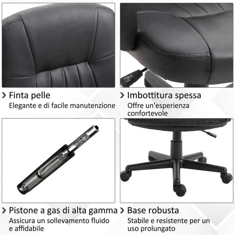 Vinsetto Sedia da Ufficio Ergonomica e Girevole, Poltrona da Ufficio con Altezza Regolabile in Finta pelle 60x60x94-103cm Nero