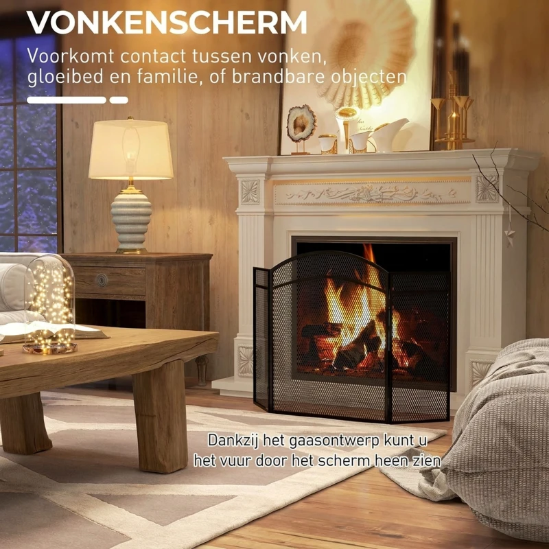HOMCOM Vonkenscherm voor haarden, elegante vonkenvanger, opvouwbaar, gecoat, Zwart, 96 x 60 cm(m-4)