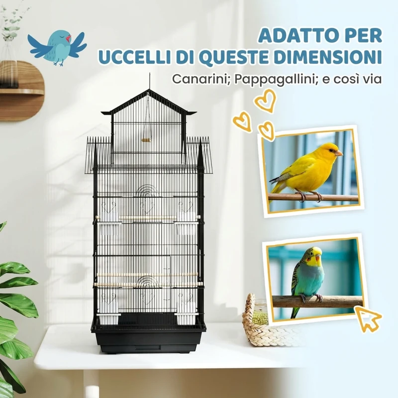 PawHut Gabbia per Uccelli con Maniglia di Trasporto e Vassoio Estraibile, in Metallo e Plastica, 50.5x41x104 cm, Nero