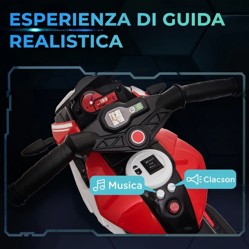 HOMCOM Moto Elettrica per Bambini 3-5 Anni, Batteria 6V con Pedale, Fari, Musica e Clacson, 3 km/h, Max 25kg, Rosso