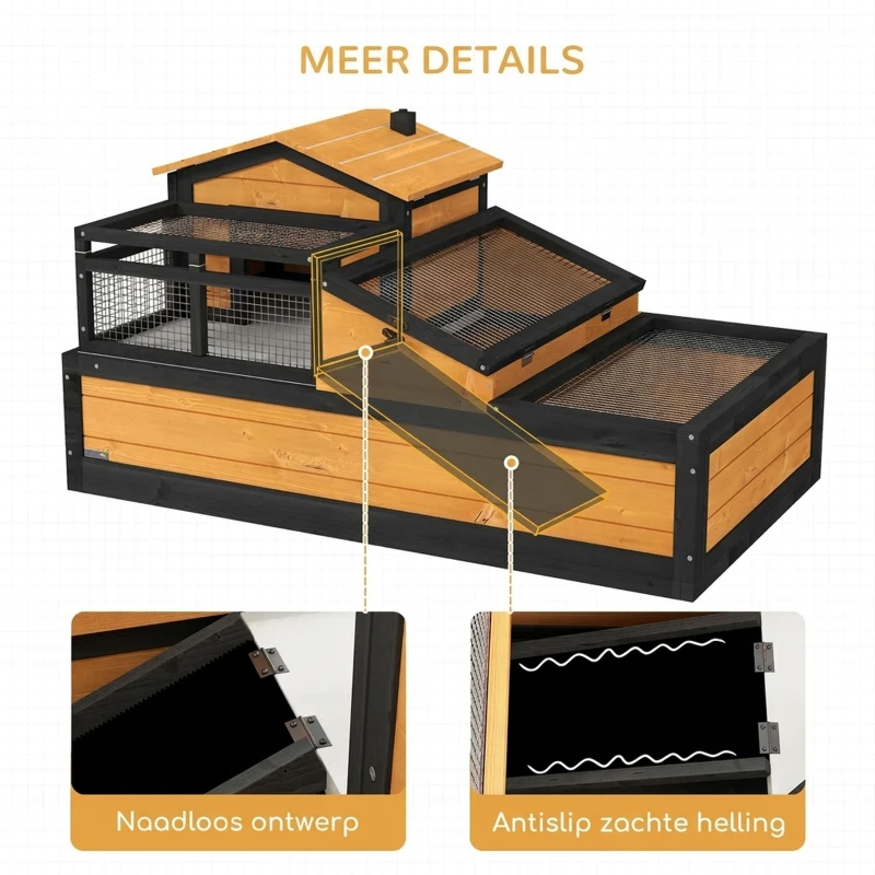 PawHut Schildpaddenhuis, 2 verdiepingen, voor binnen en buiten, lade, dennenhout, geel(m-7)