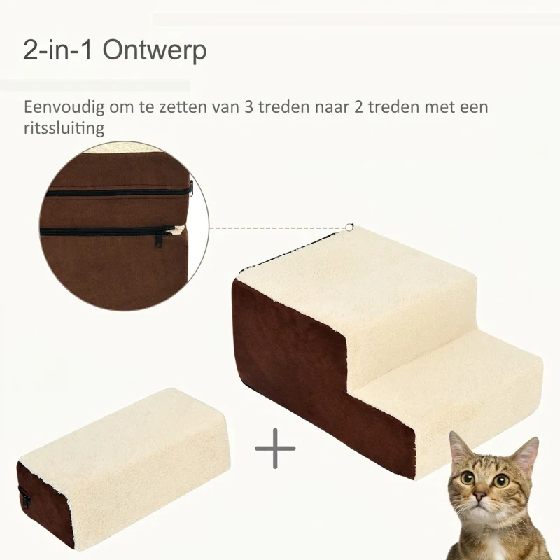PawHut Hondentrap 3 treden kattentrap huisdierentrap huisdier pluche beige