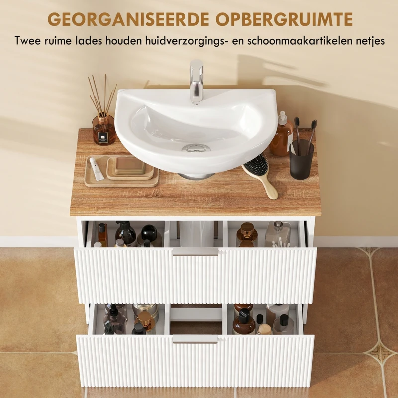 HOMCOM Onderkast voor de badkamer, 80 cm kast met twee grote lades voor wastafels met of zonder zuil, Wit