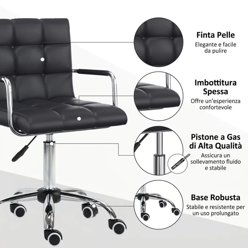 HOMCOM Sedia da Ufficio Ergonomica in pelle PU Nero, Sedia da Studio con 5 Ruote Girevoli, Imbottitura e Altezza Regolabile, 52.5x54x84-99cm