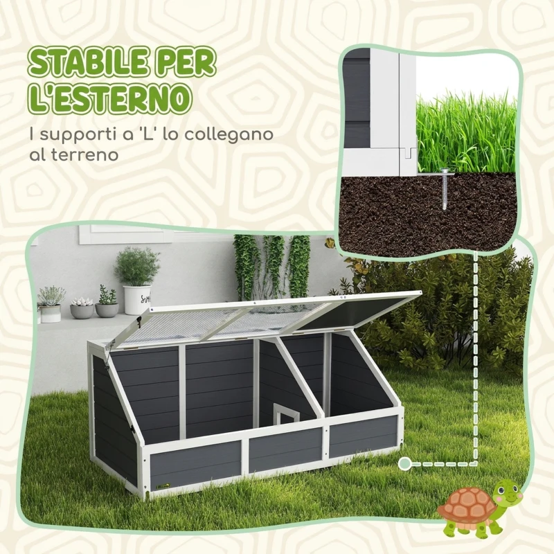 PawHut Casetta per Tartarughe di Terra senza Fondo, in Legno di Abete e Acciaio Zincato, 120x55x50A cm, Grigio e Bianco