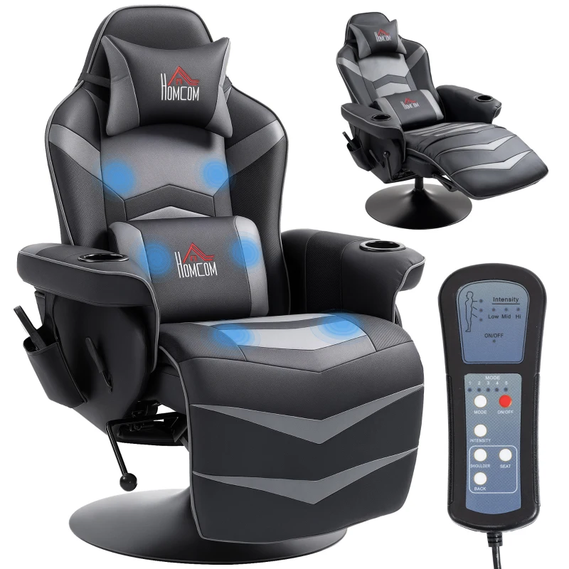HOMCOM Gamingsessel, Massagefunktion, neigbare Lehne, Fußstütze, bis 120 kg, Stahlrahmen, Kunstleder, Grau(m-12)