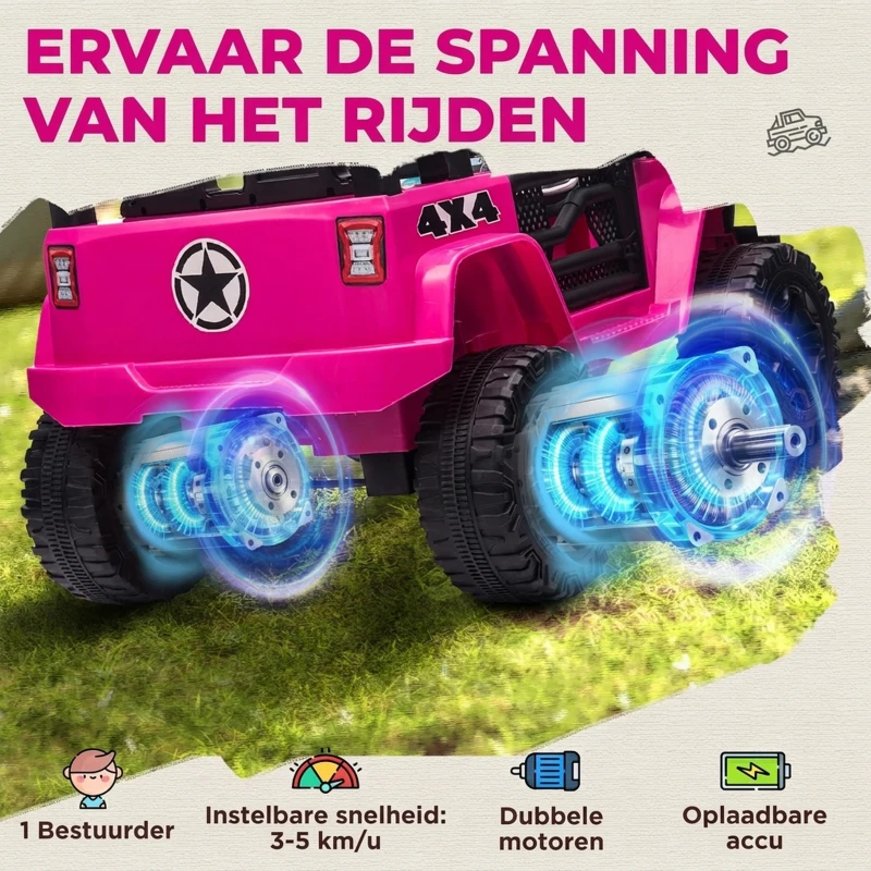 HOMCOM Kinderauto 12V Elektrische Kinderauto met Afstandsbediening, 2 Motoren en LED voor 3-6 Jaar Roze 100x65x72 cm
