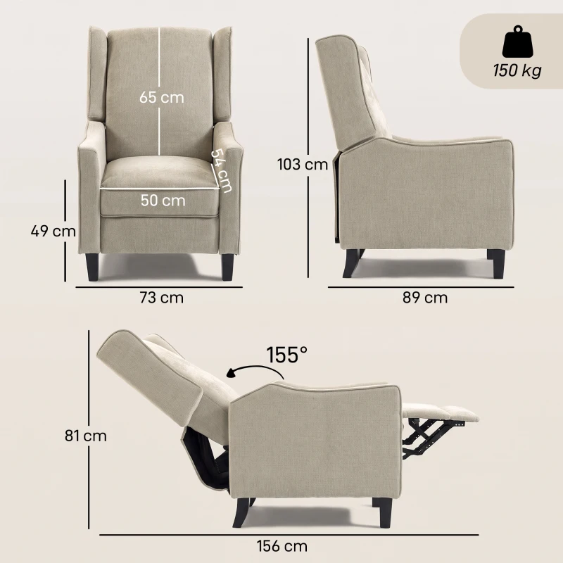 HOMCOM Sillón Relax Reclinable Manual 155° con Reposapiés, Asiento Grueso, Tejido Efecto Lino, Marrón Claro