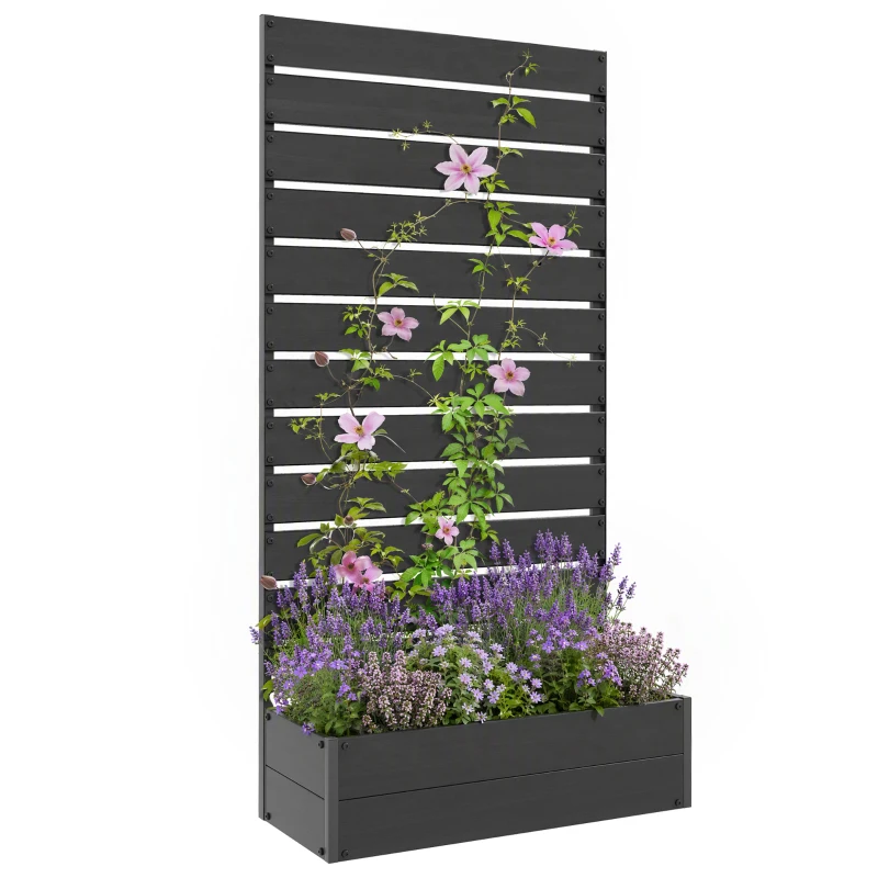Outsunny Jardinière surélevée avec treillis pour plantes grimpantes bac à fleurs de 64L, composite bois-plastique et aluminium