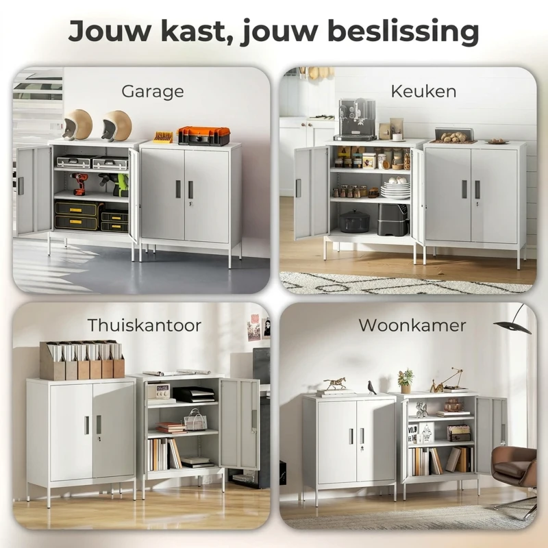 HOMCOM Afsluitbare stalen kast met 2 deuren, kantoorkast, verstelbare planken, voor thuiswerkplek, woonkamer, garage, Wit