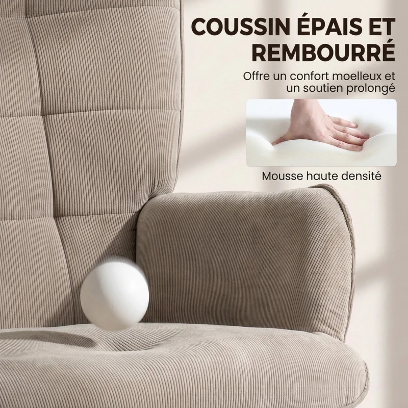 HOMCOM Fauteuil de Salon avec Repose-Pied, Fauteuil d'Appoint Capitonné en Velours Côtelé, Dossier Haut et Accoudoirs, Marron