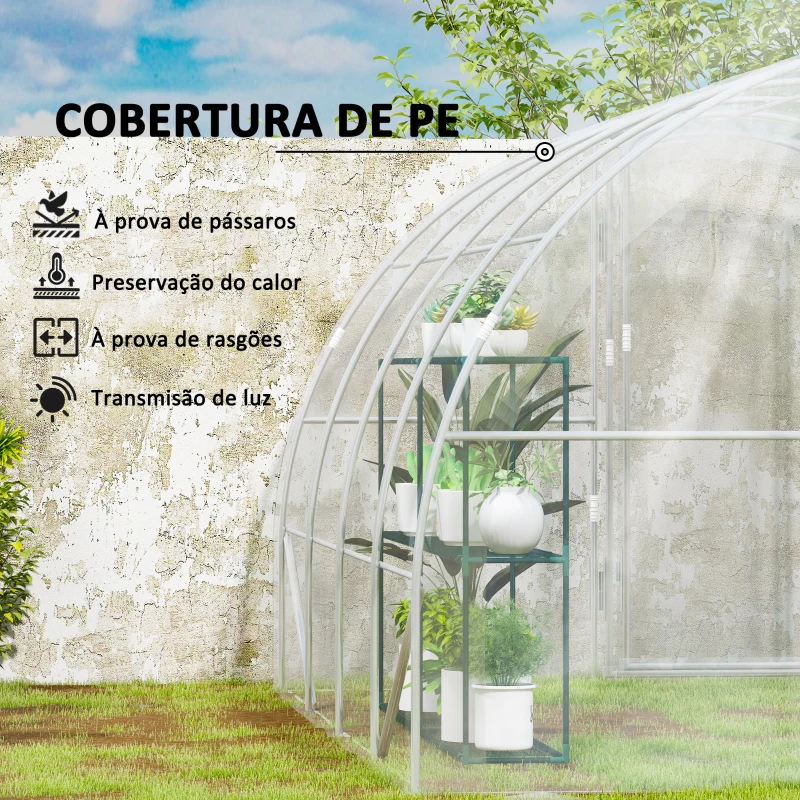 Outsunny Estufa de Túnel 395x295x195 cm Estufa de Jardim com 2 Portas Estufa para Horticultura com Teto Arredondado Transparente
