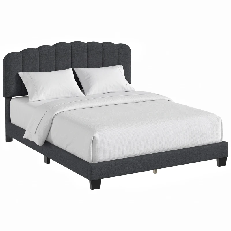 HOMCOM Cama de Casal Estofada 160x200 cm com Cabeceira Ajustável Acolchoada, Ripas de Madeira, Cinzento-Antracite
