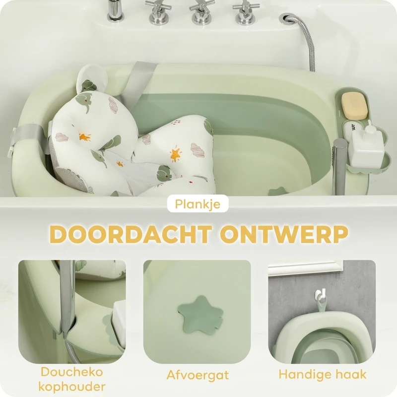 AIYAPLAY Babybadkuip, Opvouwbaar, Antislip Bodem, Olifanten-Badkussen, 86 x 53 x 25,5 cm, Groen