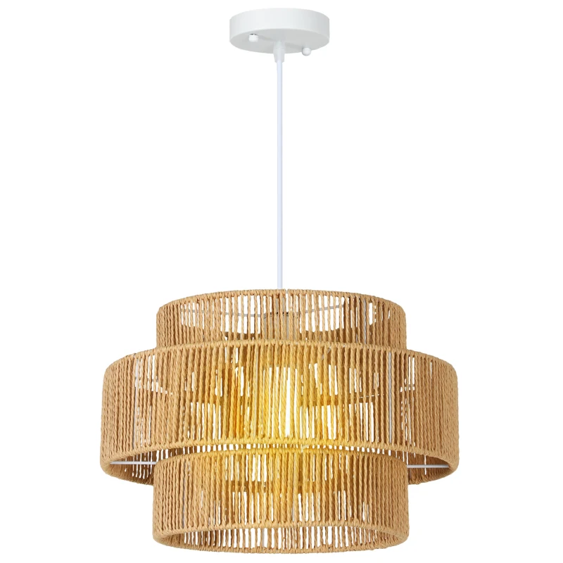 HOMCOM Hanglamp, Drielaags Lampenkap, Metaal, Henneptouw, Lichtbruin