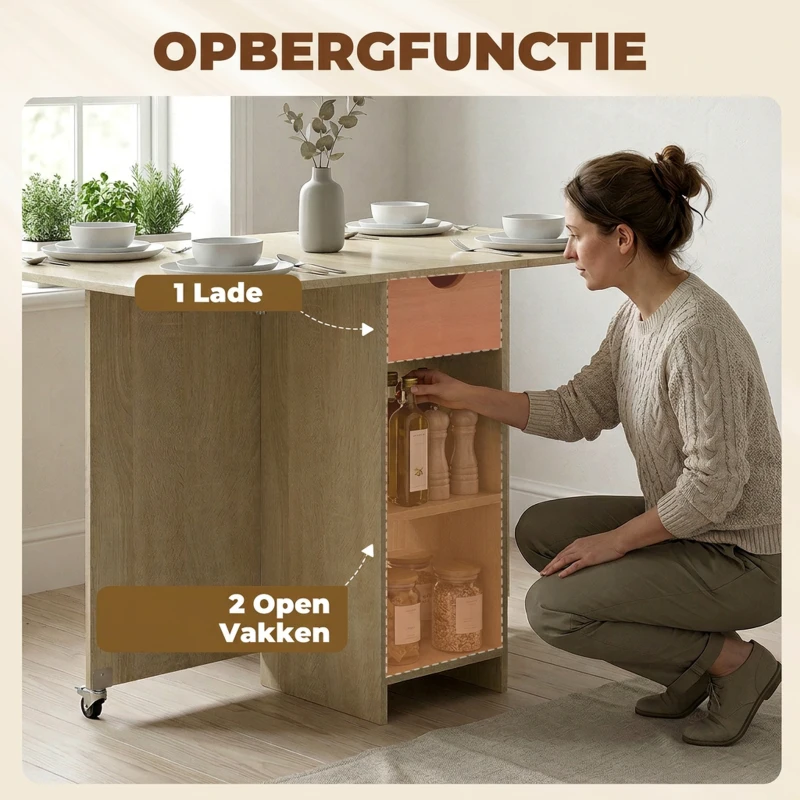 HOMCOM Opvouwbare eettafel voor 2-4 personen, verrijdbare tafel met open vak en lade, ideaal voor kleine ruimtes, natuur