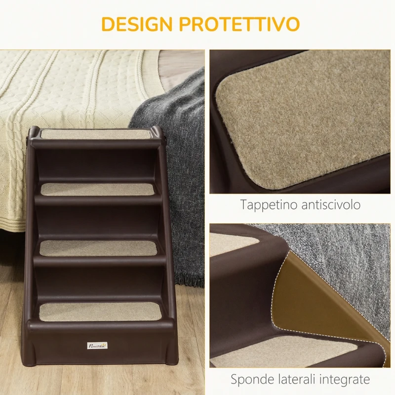 PawHut Scaletta per Cani Pieghevole con 4 Gradini Antiscivolo in PP Marrone