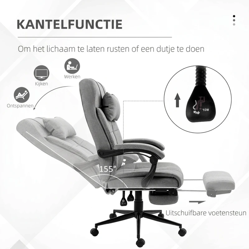Vinsetto bureaustoel met kussen armleuningen bureaustoel met kantelhoek In hoogte verstelbare bureaustoel met voetensteun linnen schuim PVC lichtgrijs 66 x 70 x 116-124 cm(m-5)