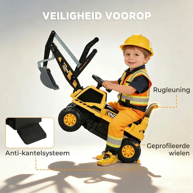 AIYAPLAY Zitbagger Opzitbagger met Schep en Stuur, Draaibare Carrosserie, Verstelbare Rugleuning voor kinderen 1,5-3 jaar Geel