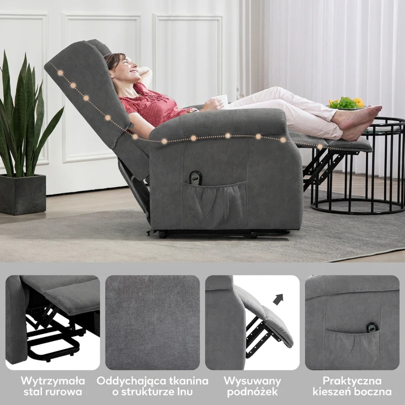 HOMCOM Fotel Relaksacyjny z Pomocą przy Wstawaniu, Funkcja Leżenia, do 200kg, 72,5x94x109cm, Ciemnoszary
