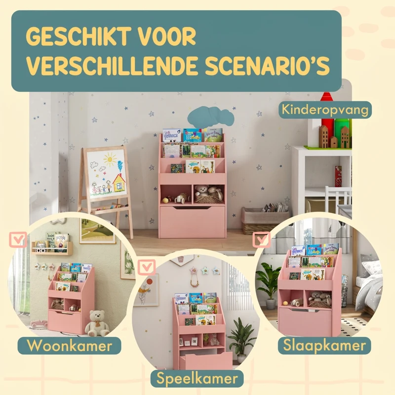 HOMCOM Kinderrek met Lade en Boekenrek met Vakken, 60 x 29,9 x 90 cm, Roze(m-7)