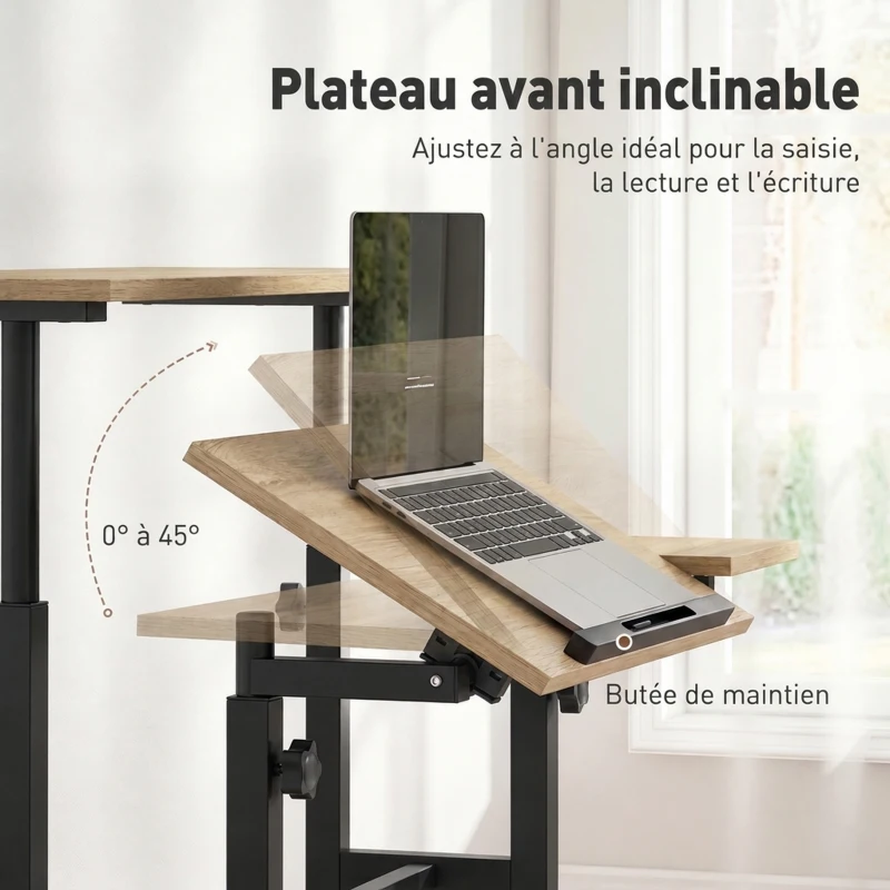 HOMCOM Bureau assis debout bureau réglable en hauteur 70 x 60 cm à roulettes avec plateau inclinable cadre en métal marron