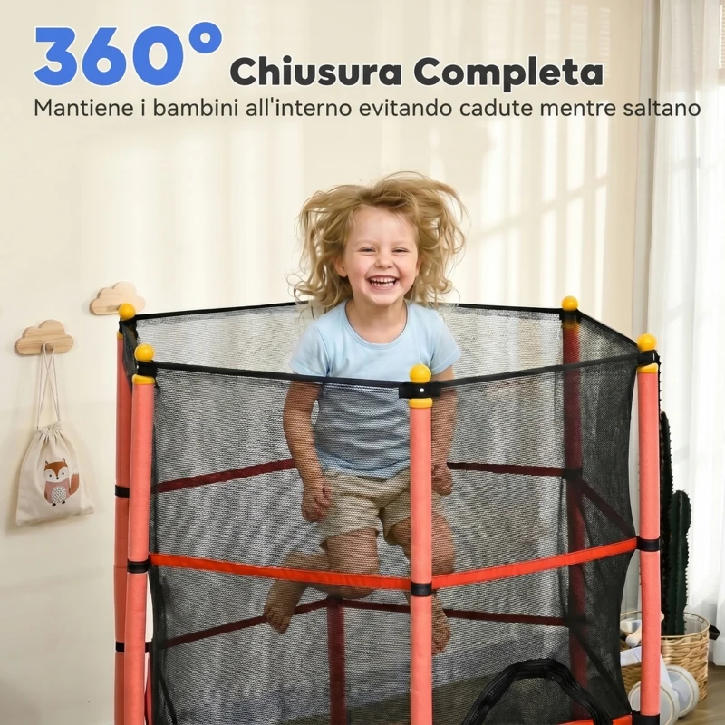 HOMCOM Trampolino Elastico per Bambini Ø1.6x1.9 m con Rete di Sicurezza e Pali Imbottiti, Età 3-10 Anni, Rosso