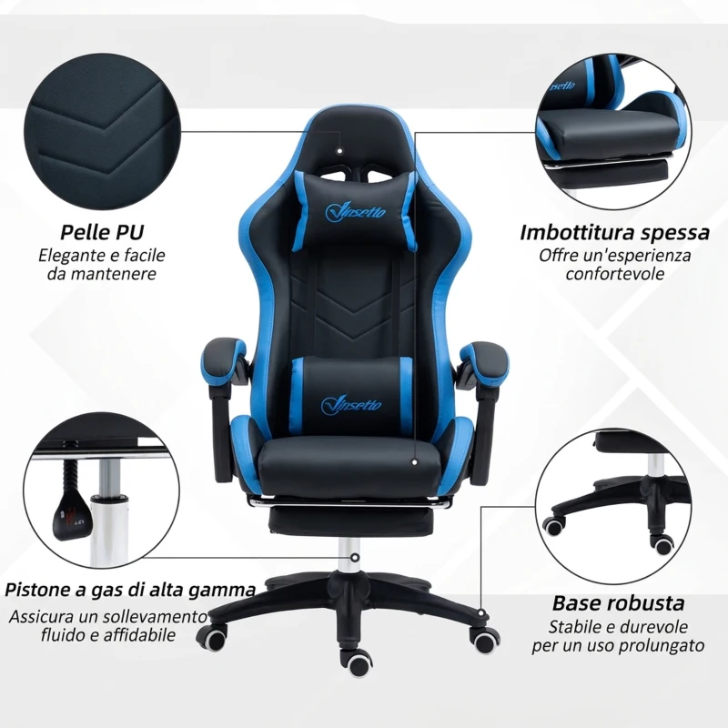 Vinsetto Sedia da Gaming con Altezza Regolabile e Schienale Reclinabile, 65x65x121-129 cm, Blu e Nero