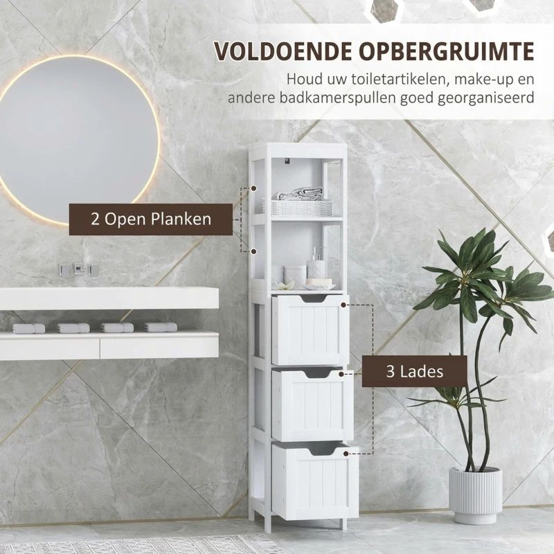 HOMCOM Badkamerkast met 3 Laden en 2 Open Schappen, Smalle Opbergkast voor Kleine Badkamer, Waterafstotend Materiaal, Wit