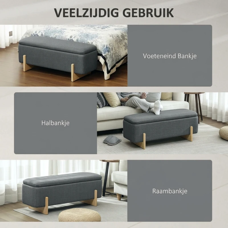 HOMCOM Hocker met opbergruimte, Opbergbank met schuimrubber bekleding, Linnenlook, 111 x 44 x 44,5 cm, Donkergrijs(m-7)