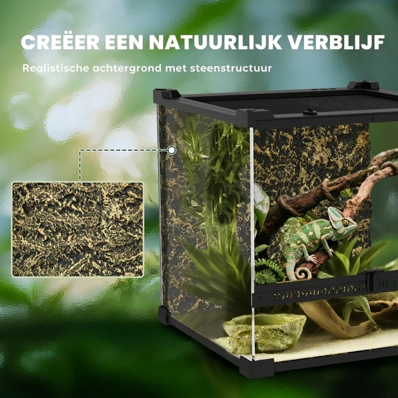 PawHut Glazen terrarium voor reptielen, verhoogde & waterdichte bodem, knopsluiting